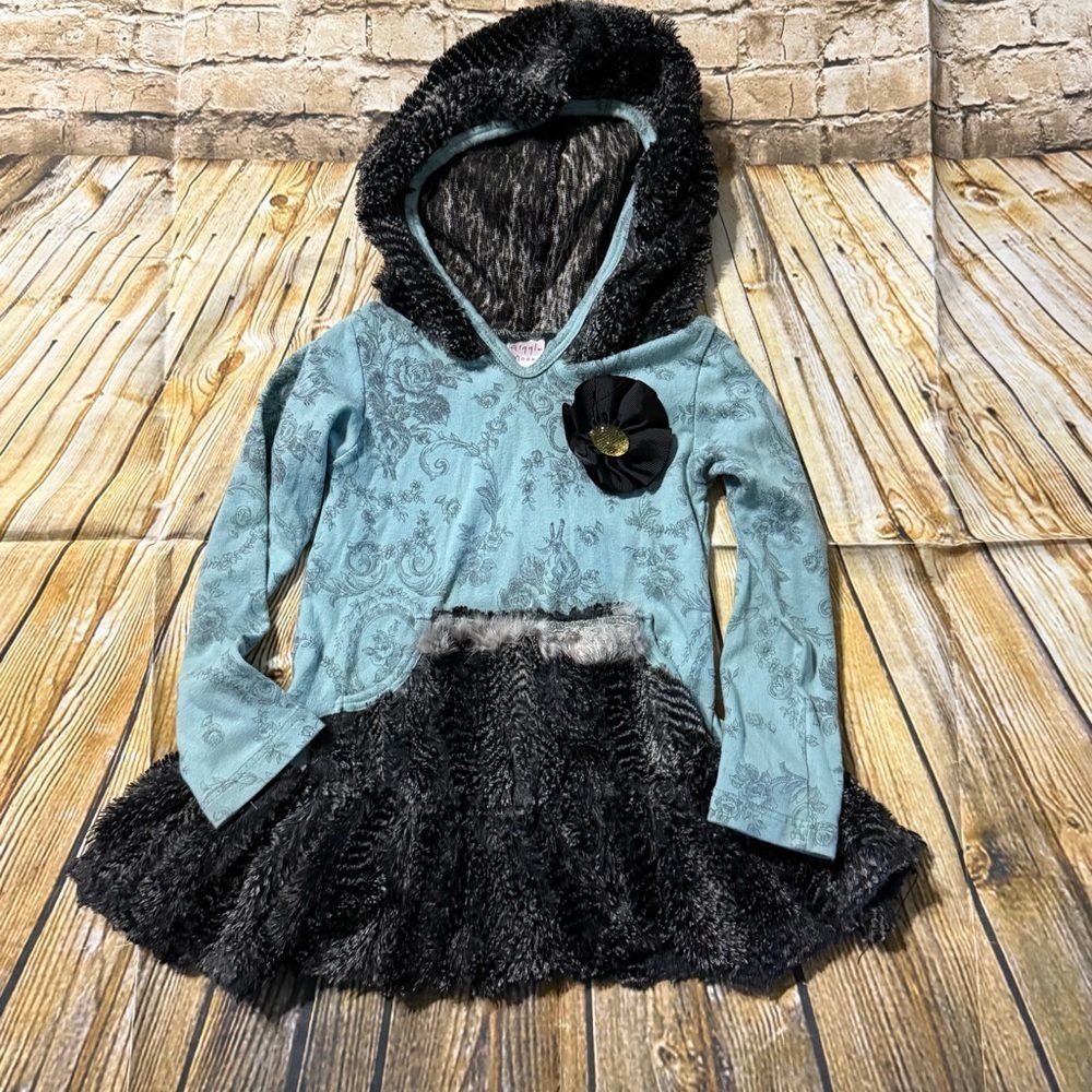 Giggle Moon Blue Black Floral Print Hooded Tunic Top